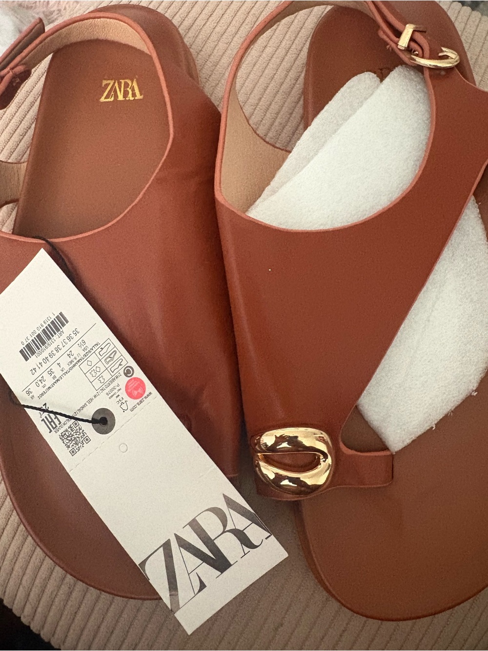 Zara Brown Leather-Look Slingback Sandals with Gold Buckle